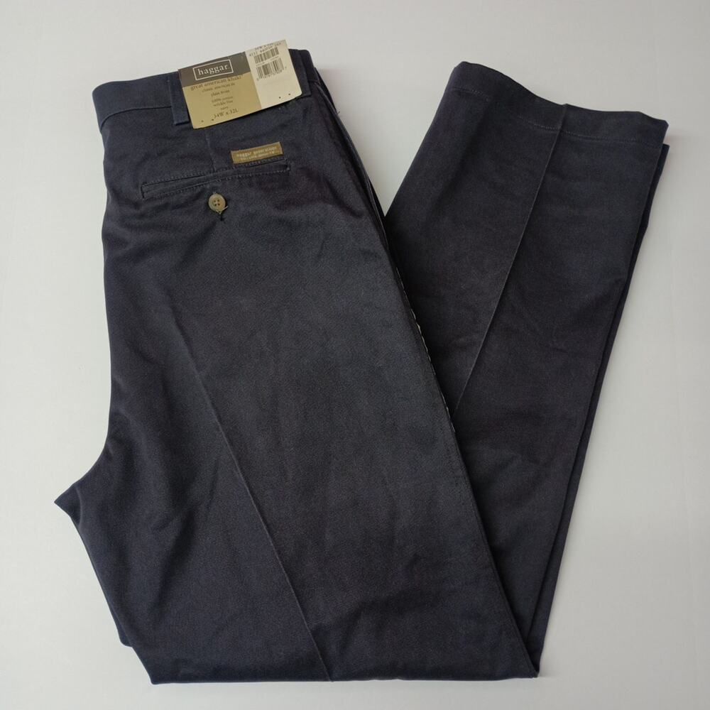 Haggar Great American Khakis Men's 34x32 Navy Blue Wrinkle‎ Free Plain Front